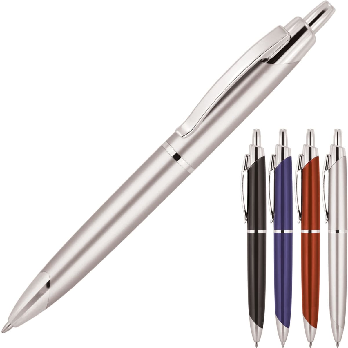 A ballpoint pen in silver, surrounded by pens in black, blue, red, and purple; features a logo on the side.