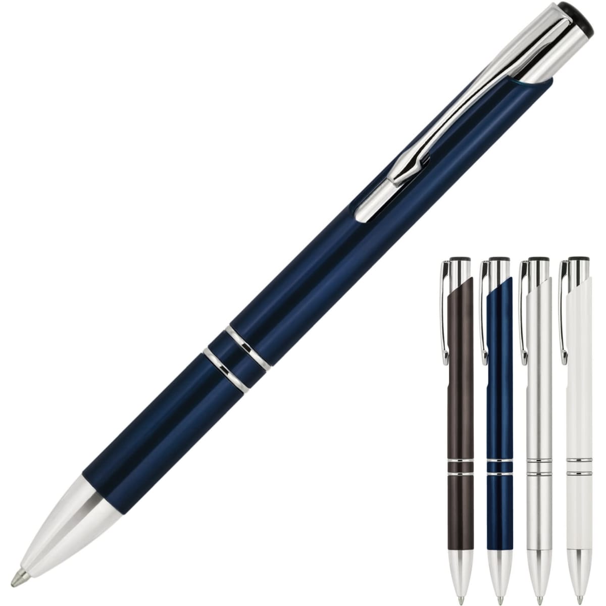A ballpoint pen named "Julia" in navy blue, with silver accents, alongside three other colour variations.