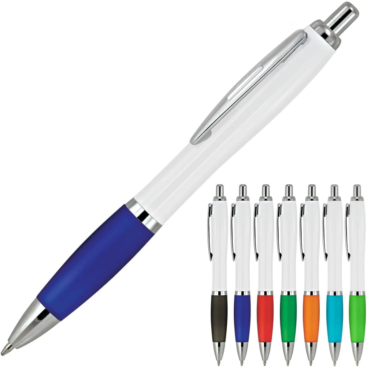 A plastic ballpoint pen in white with a blue grip, displayed alongside a range of other coloured pens.