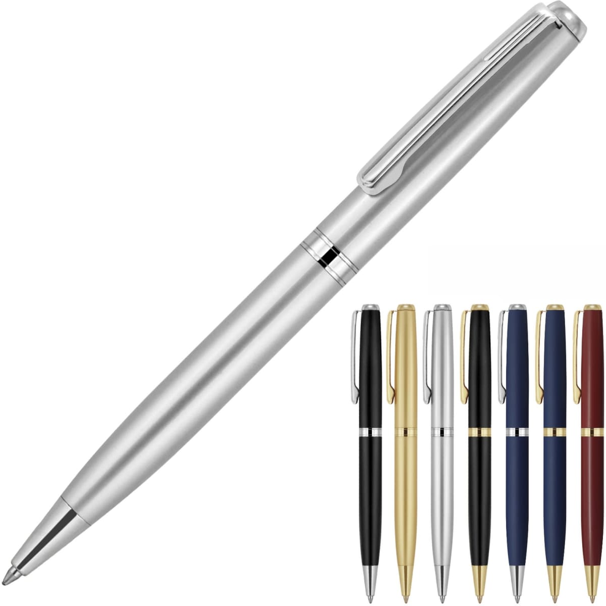 A metal ballpoint pen in a silver finish, accompanied by pens in black, gold, blue, red, and other colours.