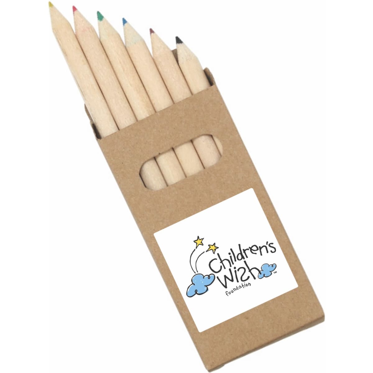 A pack of six natural wood half pencils in various colours, displayed in a simple cardboard box with a logo.