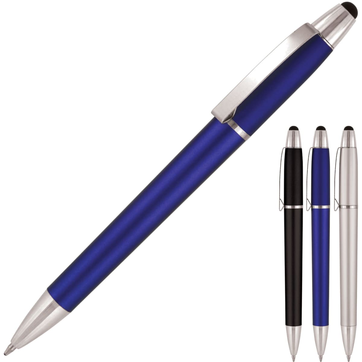 A blue ballpoint pen with a stylus tip, featuring a silver clip and accents. Includes black and silver variants.