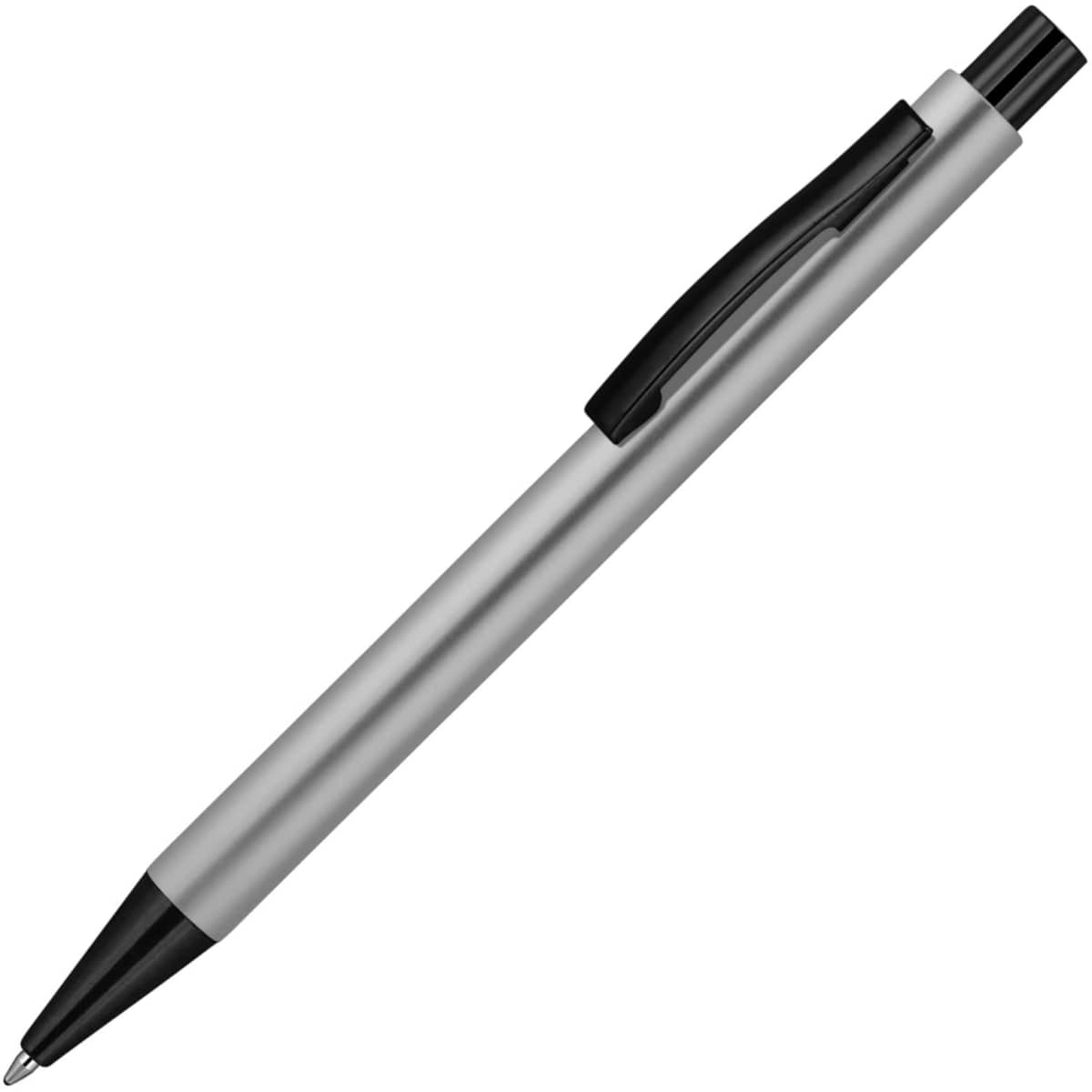 A metallic silver ballpoint pen with a black grip and clip. The pen features a branded logo.