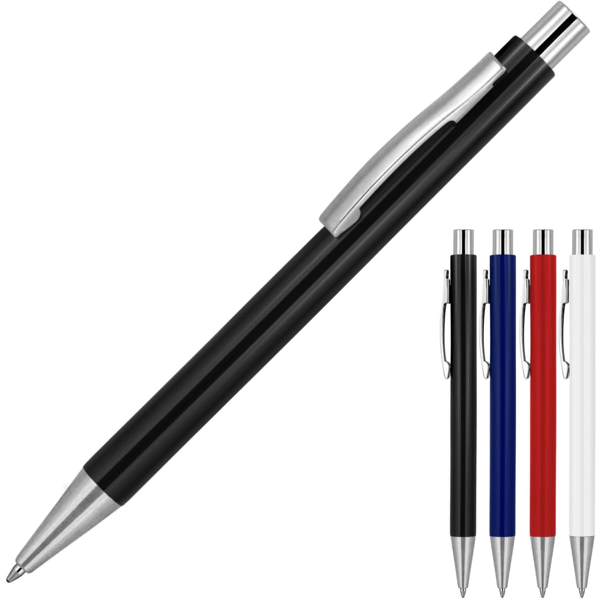 A ballpoint pen in black, with additional options in red, blue, and white, featuring a silver clip and logo.