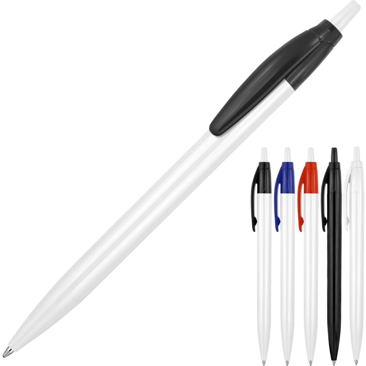 A ballpoint pen named "Plastic Pen Ballpoint Lola" in white with black, red, blue, and clear variants. Features a logo.