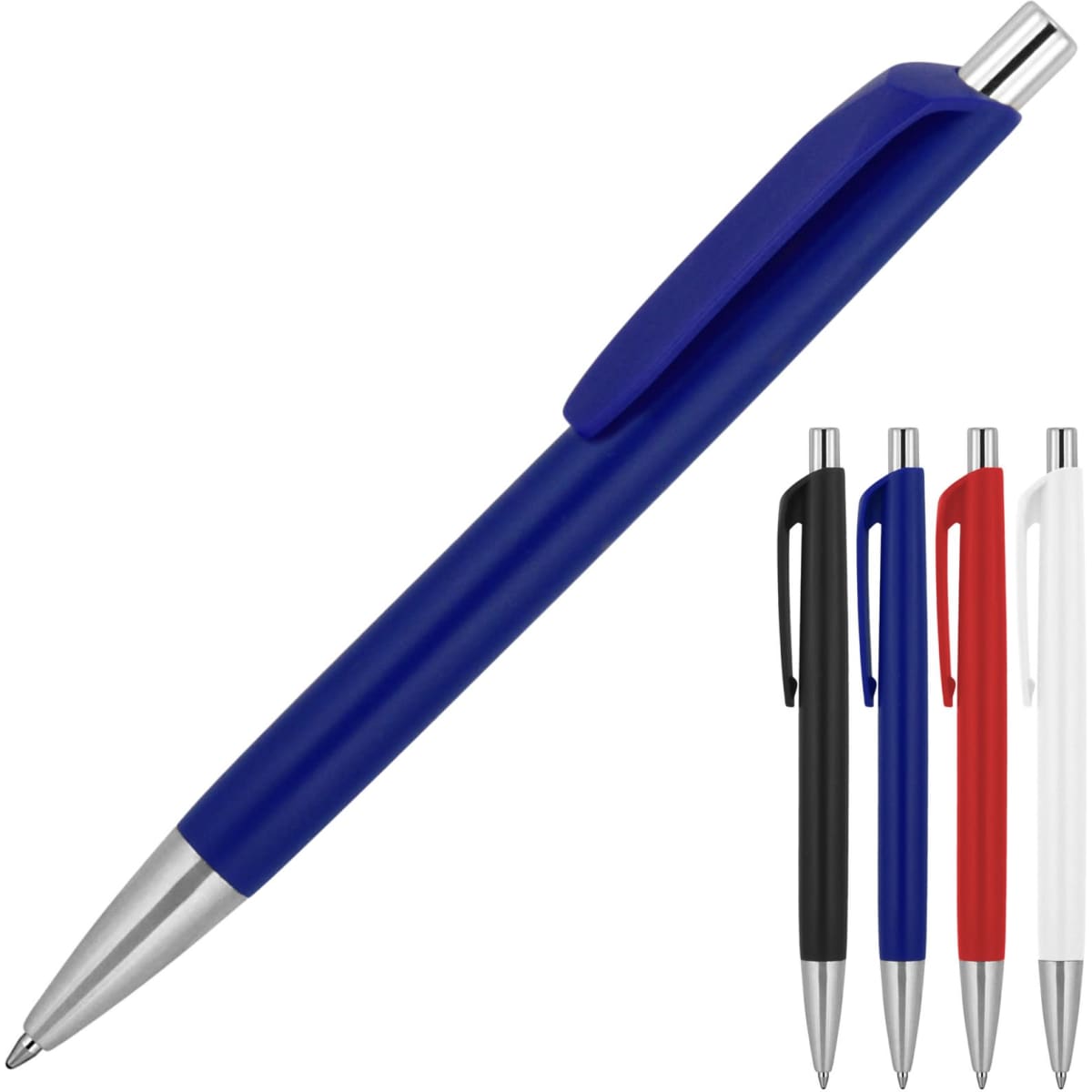 A ballpoint pen with a matte blue finish and a silver tip, alongside options in black, white, and red.