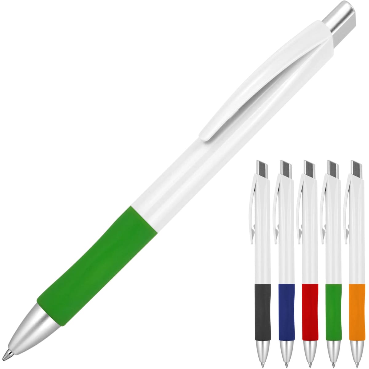 A ballpoint pen with a white body and a green grip, alongside options in black, blue, red, and orange. Features a logo.