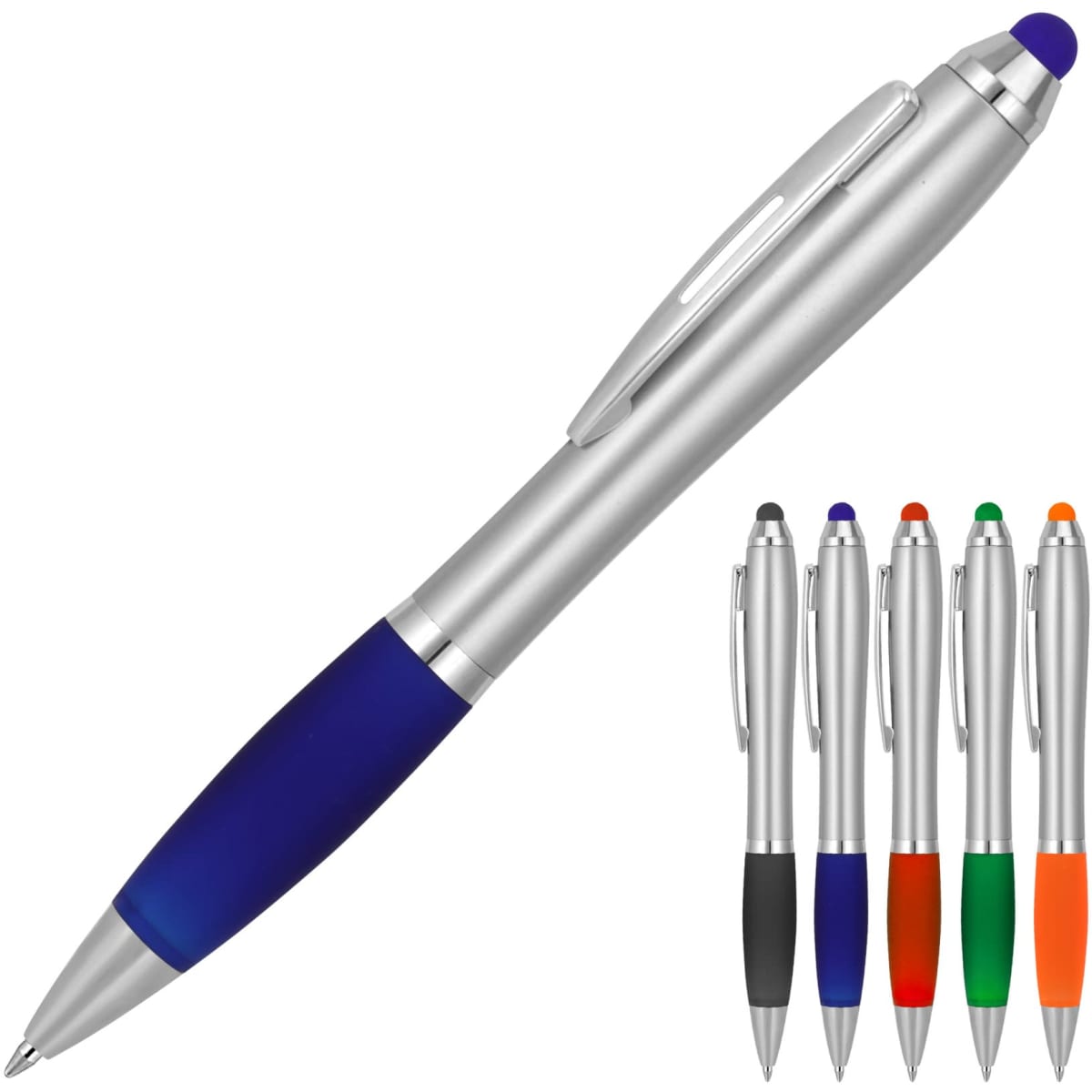 A ballpoint stylus pen with a silver body and a blue grip. Six colour variations are displayed alongside.