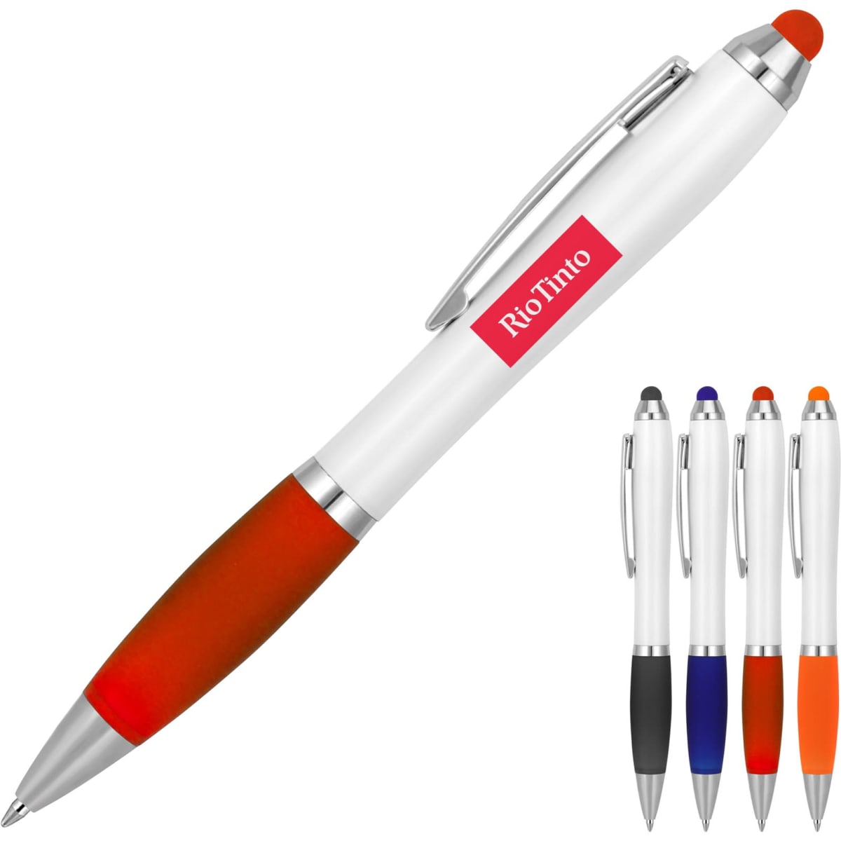 A ballpoint stylus pen in white with an orange grip and tip, featuring a branding logo. Available in multiple colours.