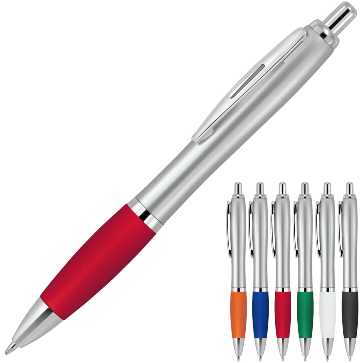 A silver ballpoint pen with a silicone grip in red, alongside various other coloured pens. Includes branding on the pens.