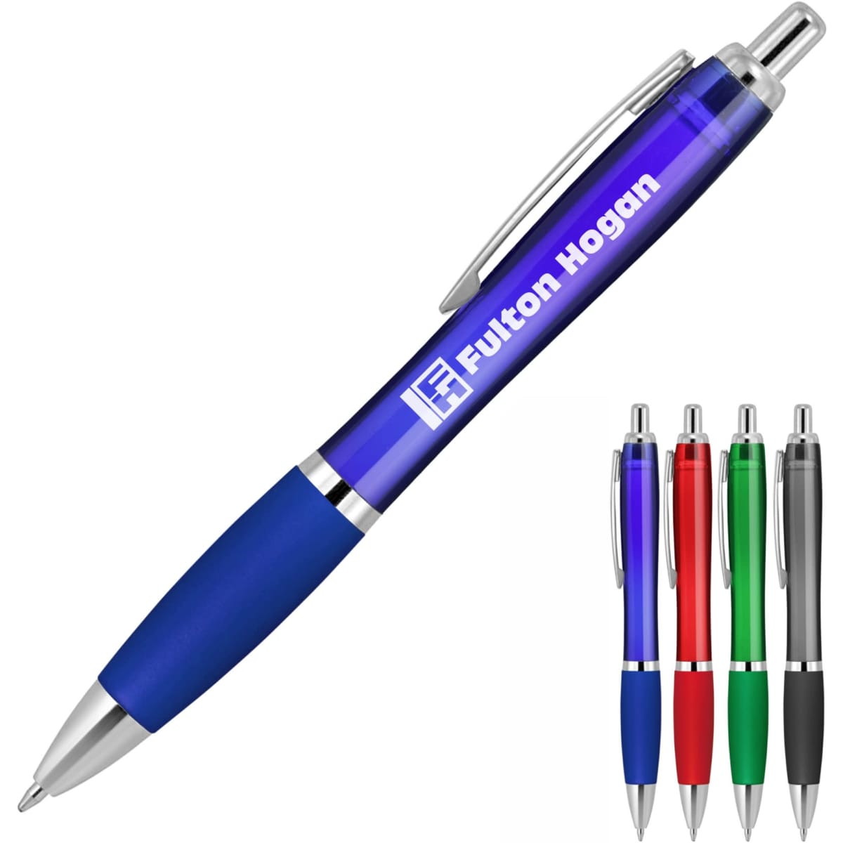 A ballpoint pen with a transparent blue barrel and silicone grip, available in green, red, black, and blue. It features a logo.