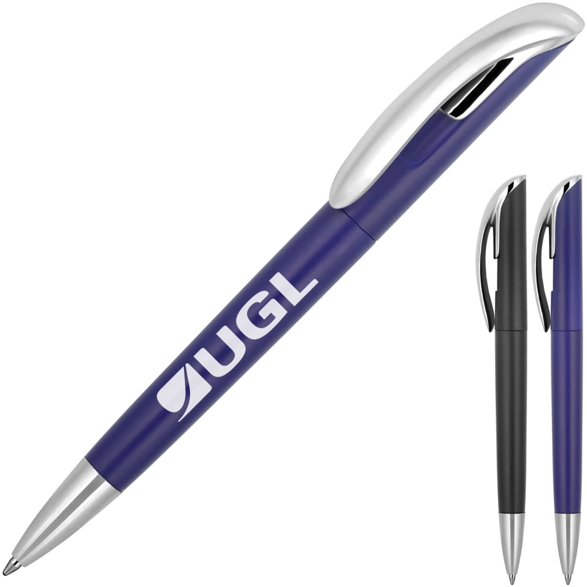 A plastic ballpoint pen with a navy blue barrel and a silver clip, featuring a logo. Two additional pens in black and silver are included.