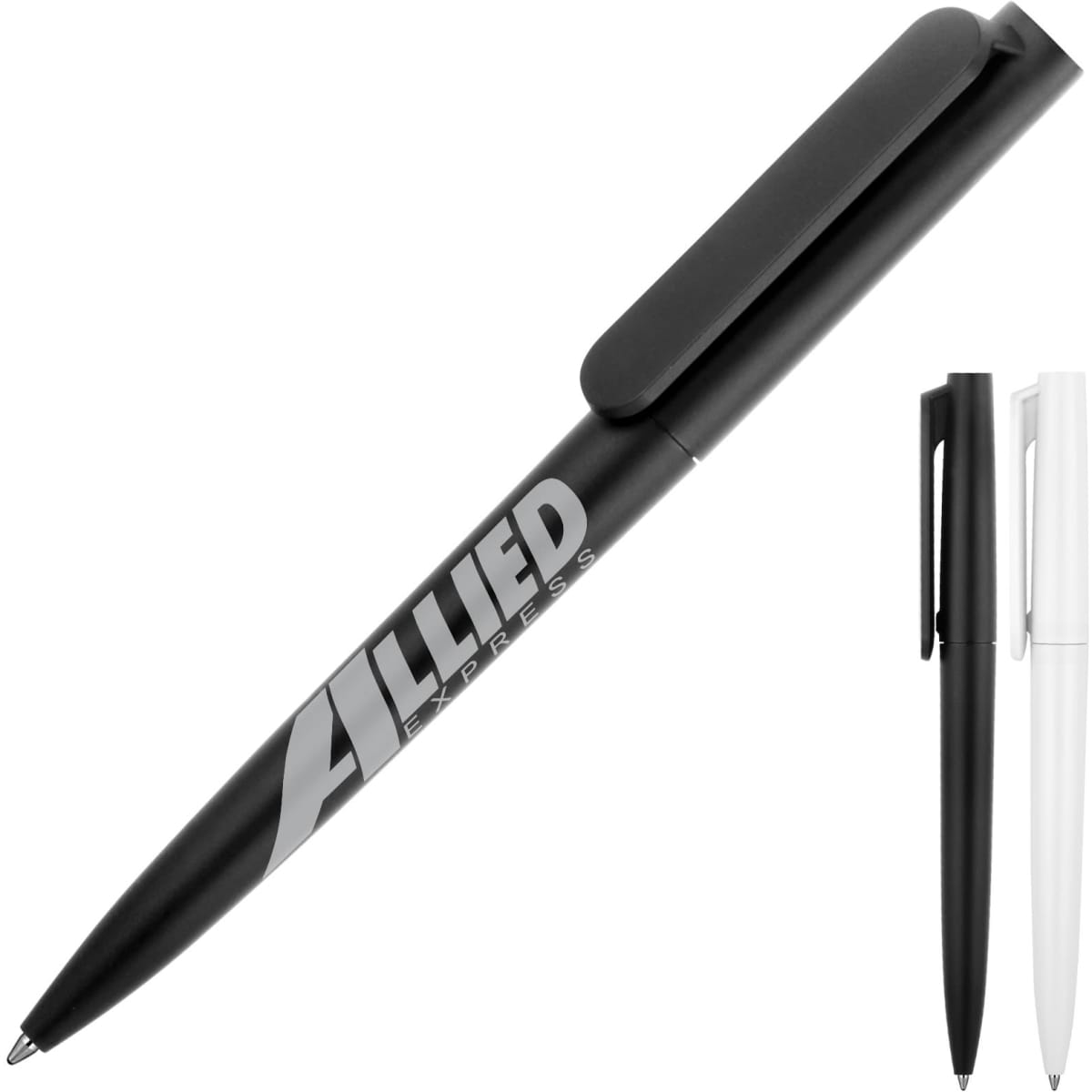 A ballpoint pen with a matte finish in black and white, featuring a clip and a logo.