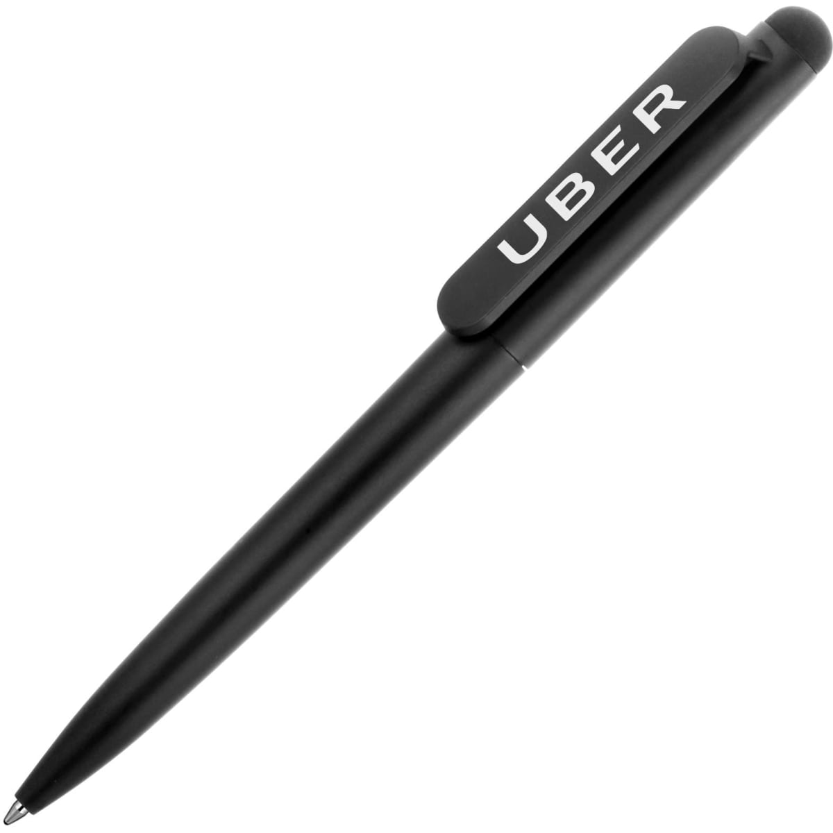 A black plastic ballpoint pen with a stylus tip and a clip featuring a logo.