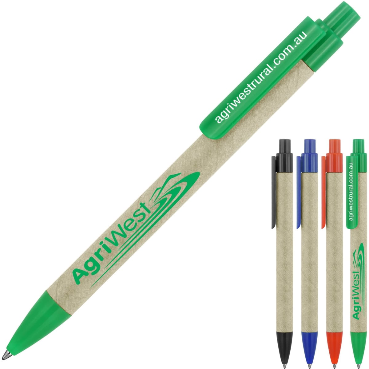 A recycled paper ballpoint pen in sage green, accompanied by a selection of pens in black, blue, red, and orange.