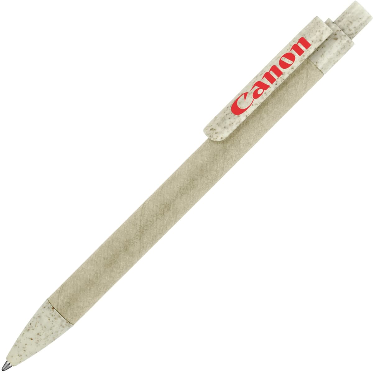 A ballpoint pen in pale green with a textured finish and a logo on the clip.