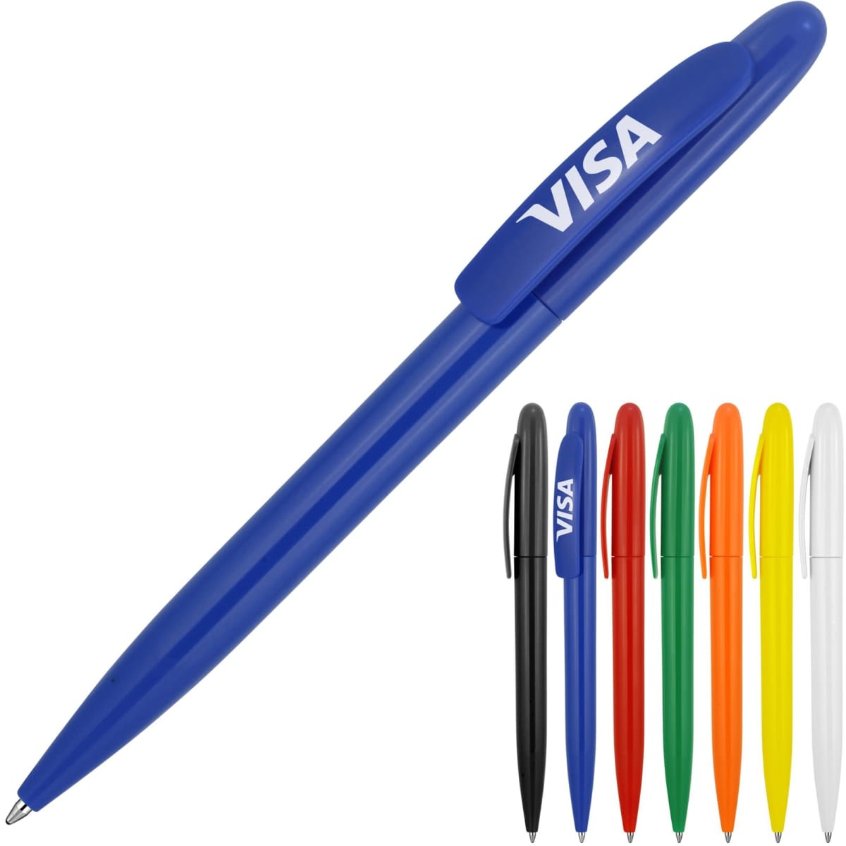 A ballpoint pen in solid blue with a logo, accompanied by pens in black, orange, green, yellow, and white.