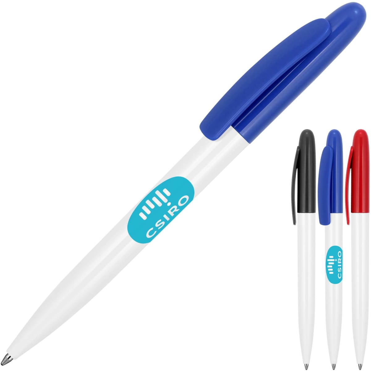 A ballpoint pen in gloss white with a blue cap, featuring a logo, alongside black and red versions.