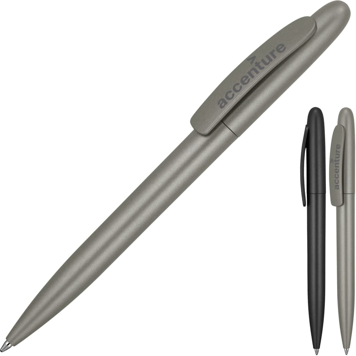 A matte green ballpoint pen with a clip and a logo, alongside a black ballpoint pen.