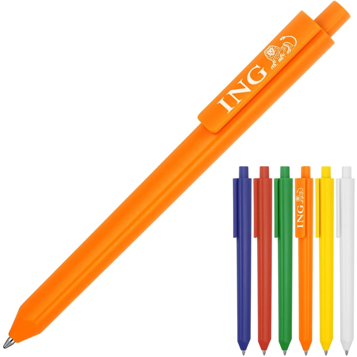 A triangular ballpoint pen in matte orange with multiple colour options: blue, green, black, red, yellow, and white.