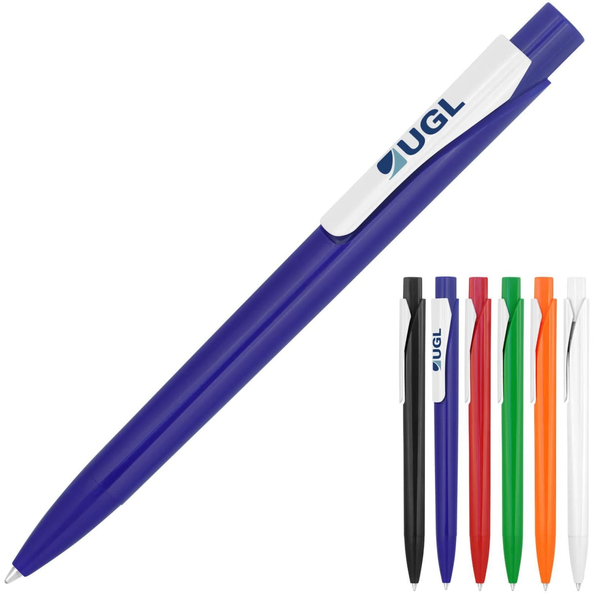 A ballpoint pen in blue, featuring a clip and branding, alongside pens in black, red, green, orange, and white.