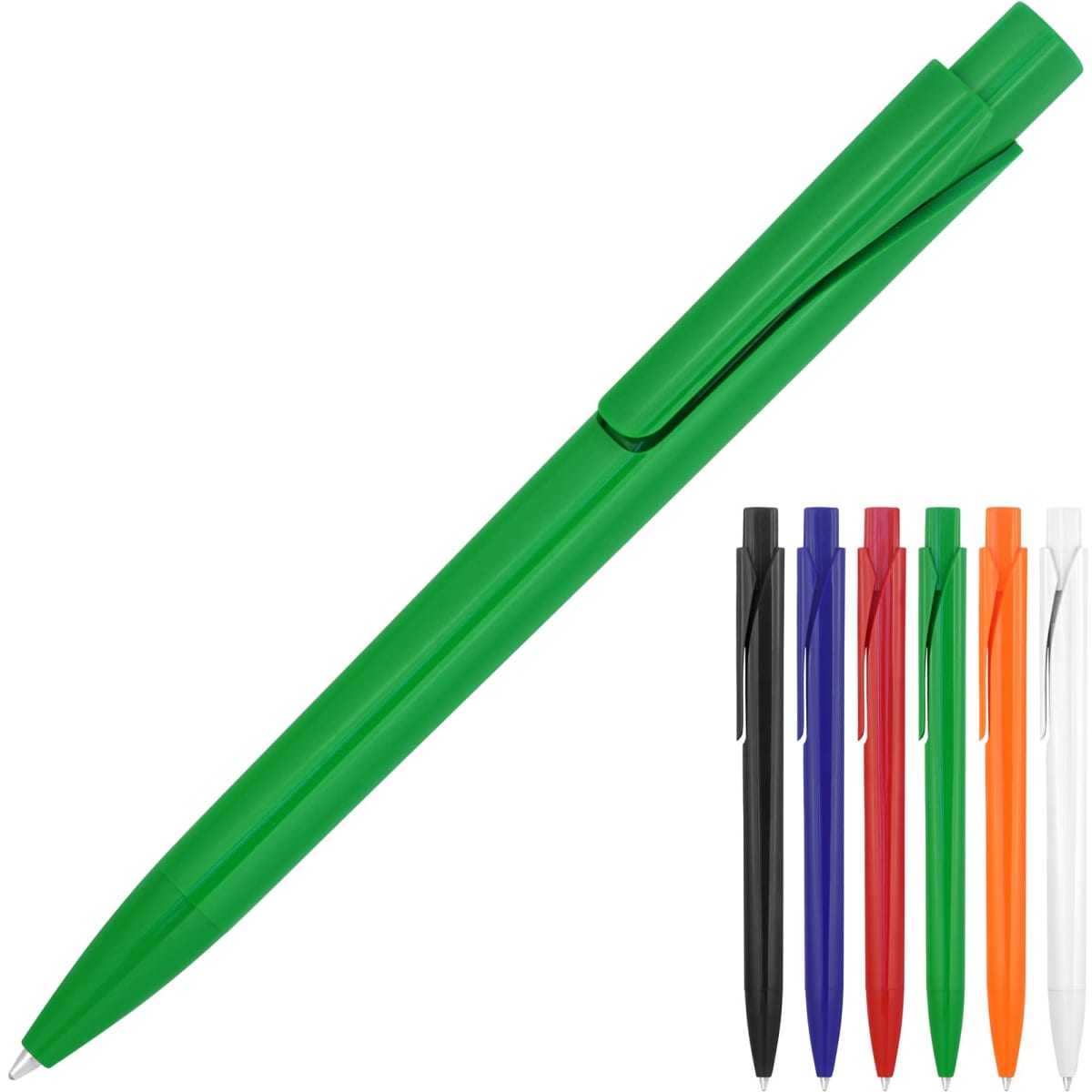 A green ballpoint pen displayed alongside additional pens in black, red, blue, orange, and clear colours.