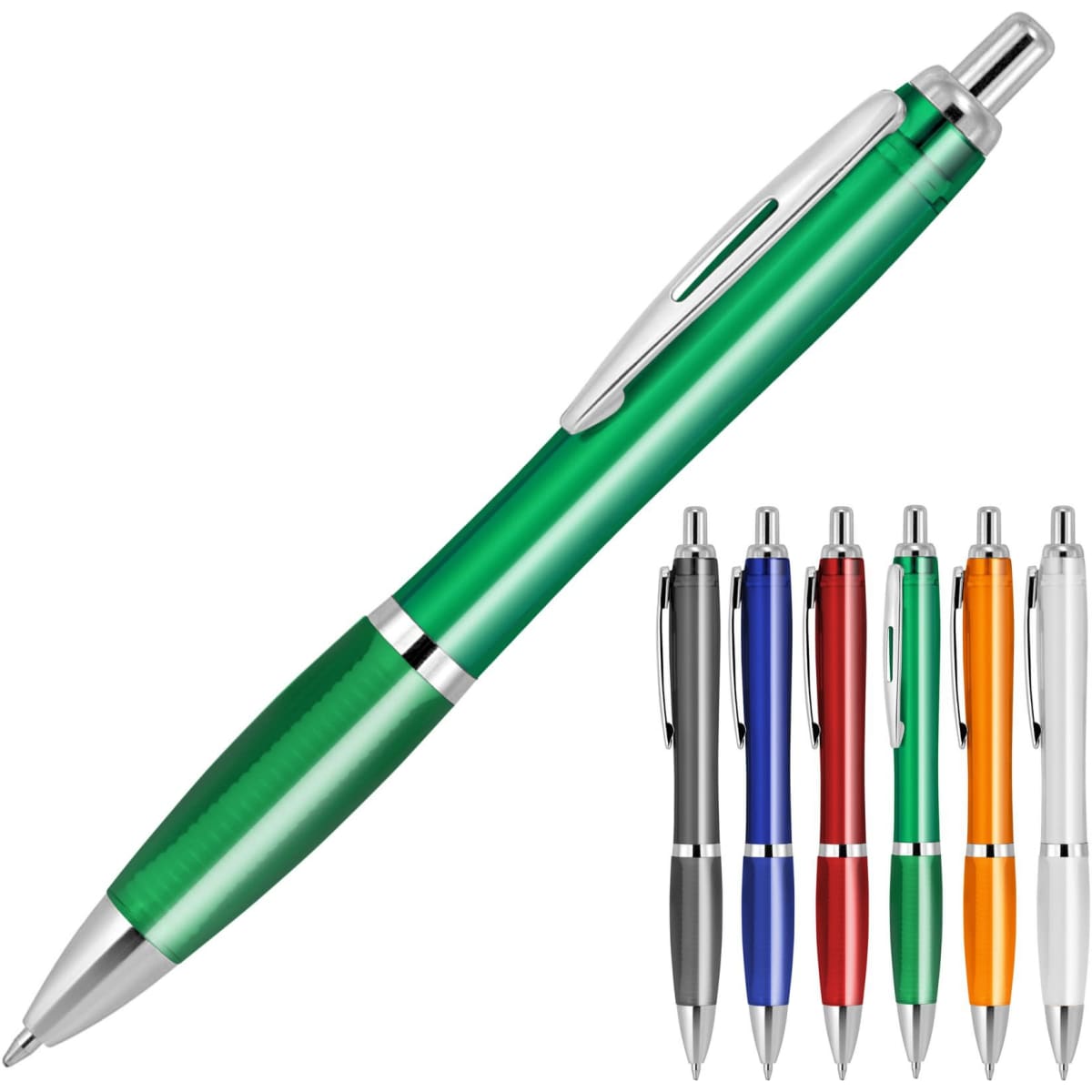 A green transparent ballpoint pen with a silver clip and six additional pens in various colours.