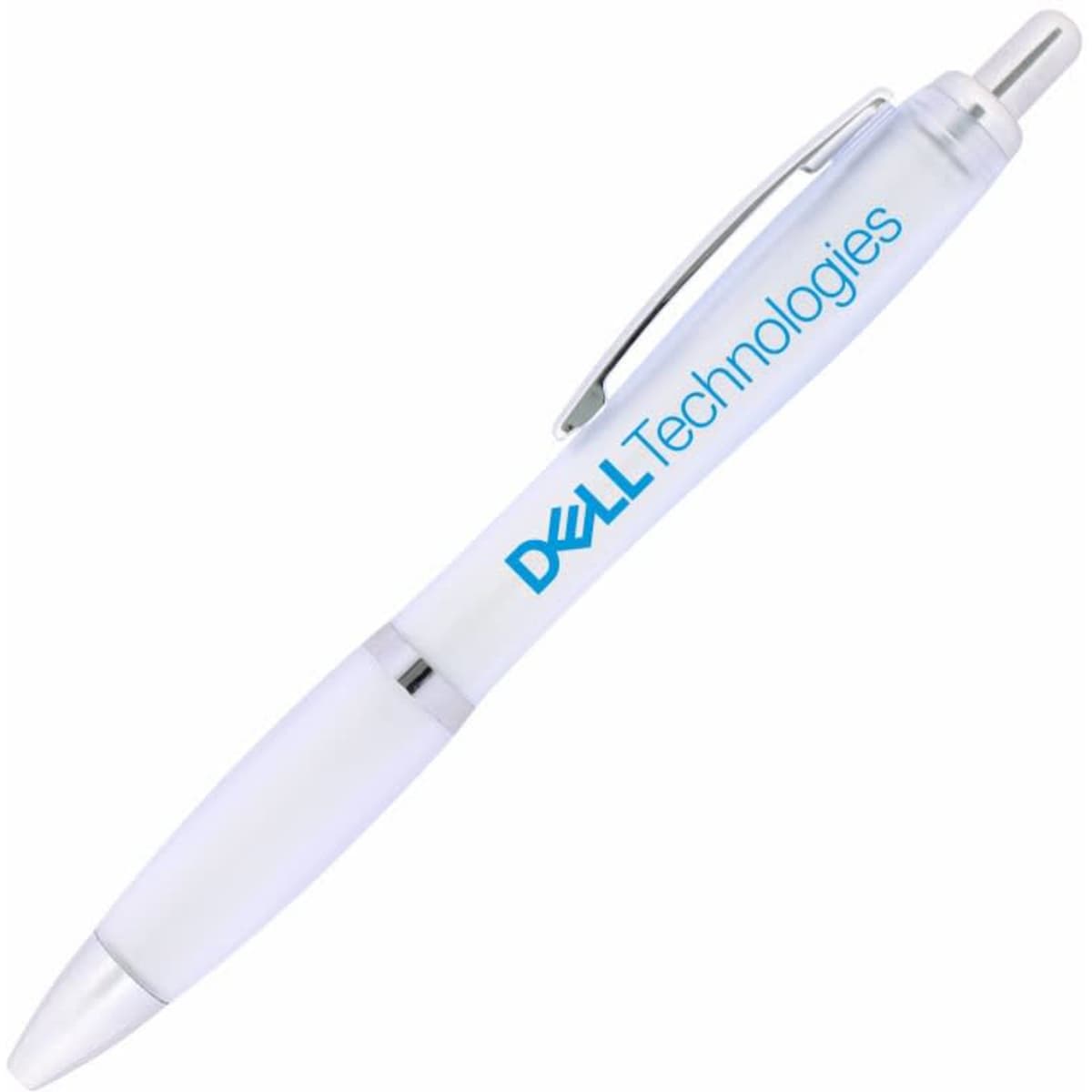 A plastic ballpoint pen with a frosted white body and blue ink. It features a logo on the side.