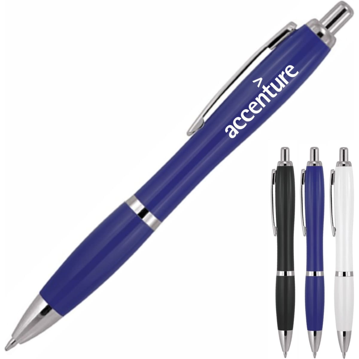 A ballpoint pen in solid blue with a silver clip and an accompanying set of pens in black, white, and blue.