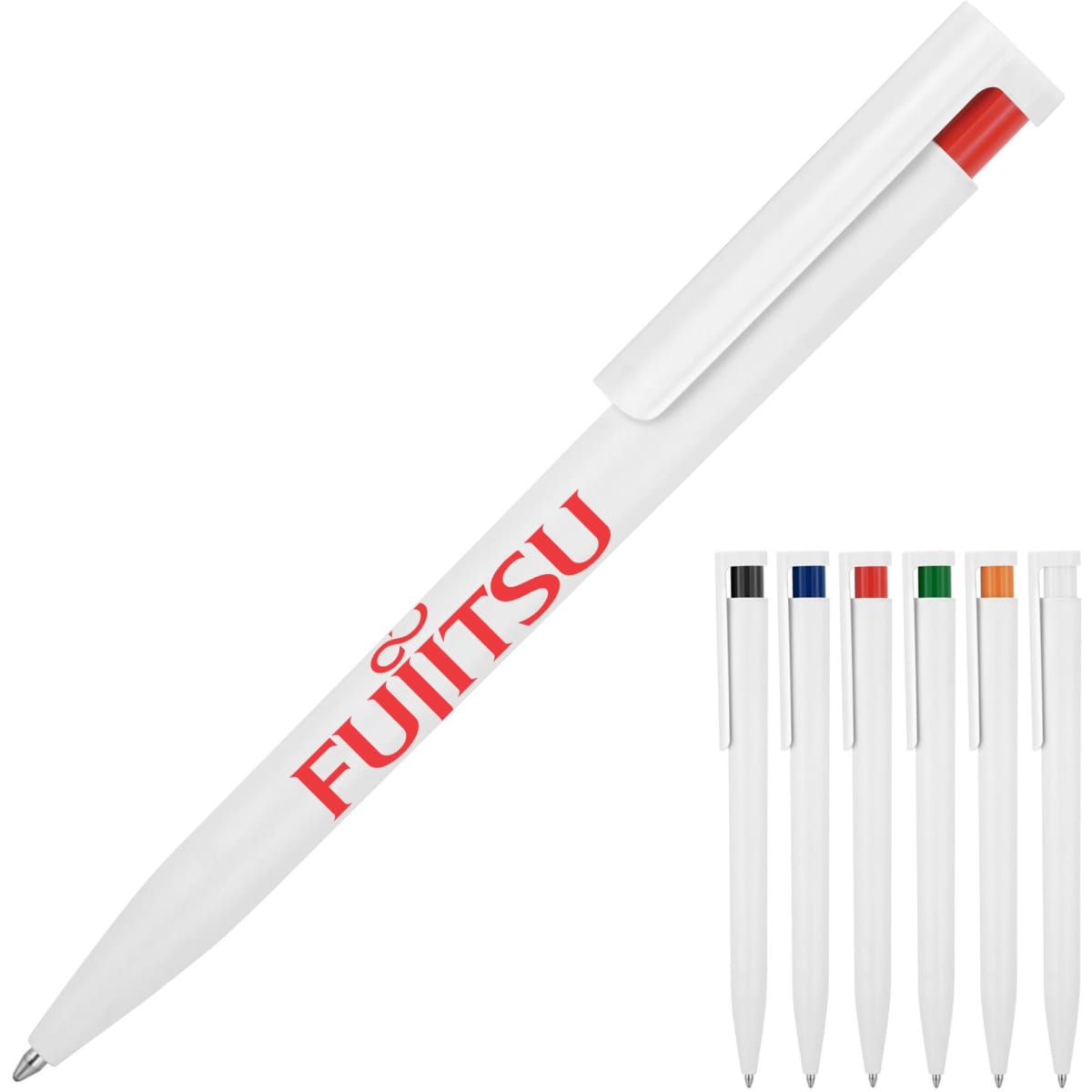 A plastic ballpoint pen with a white body and coloured accents in red, black, green, blue, and orange. Features a logo.