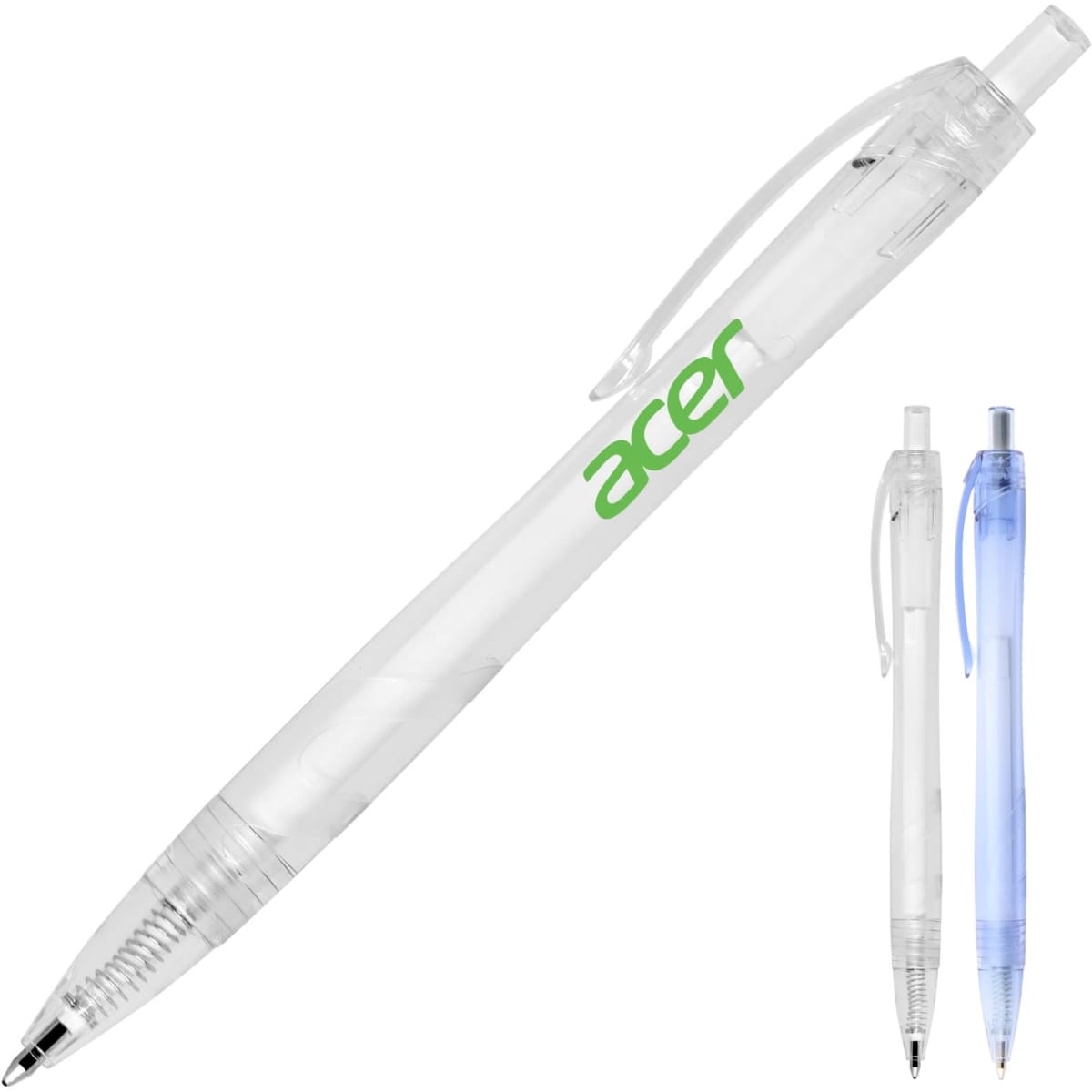 A ballpoint pen made from recycled PET, featuring a transparent barrel and green branding, with a blue option alongside.