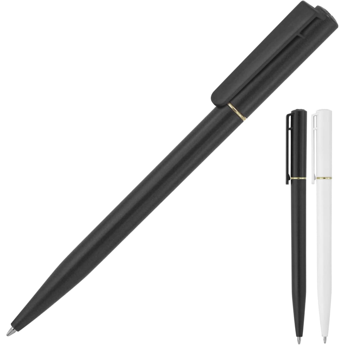 A ballpoint pen set featuring a black pen and a white pen, both with a gold accent and clip.