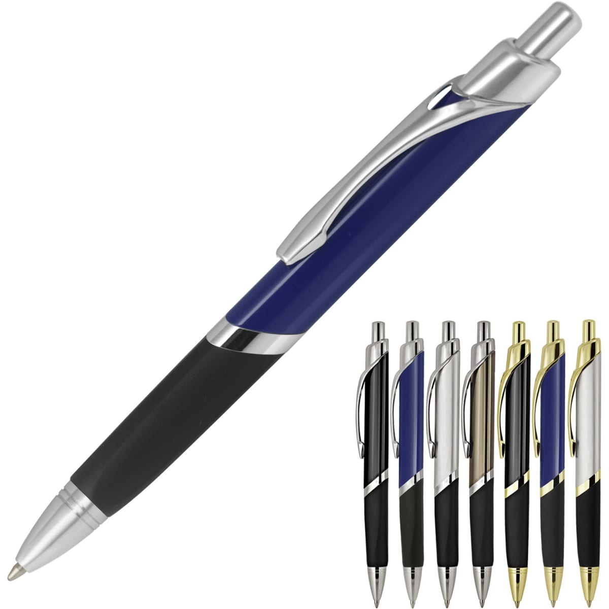 A metal ballpoint pen in blue and silver, featuring a sleek design and a rubber grip. Includes various colour options.