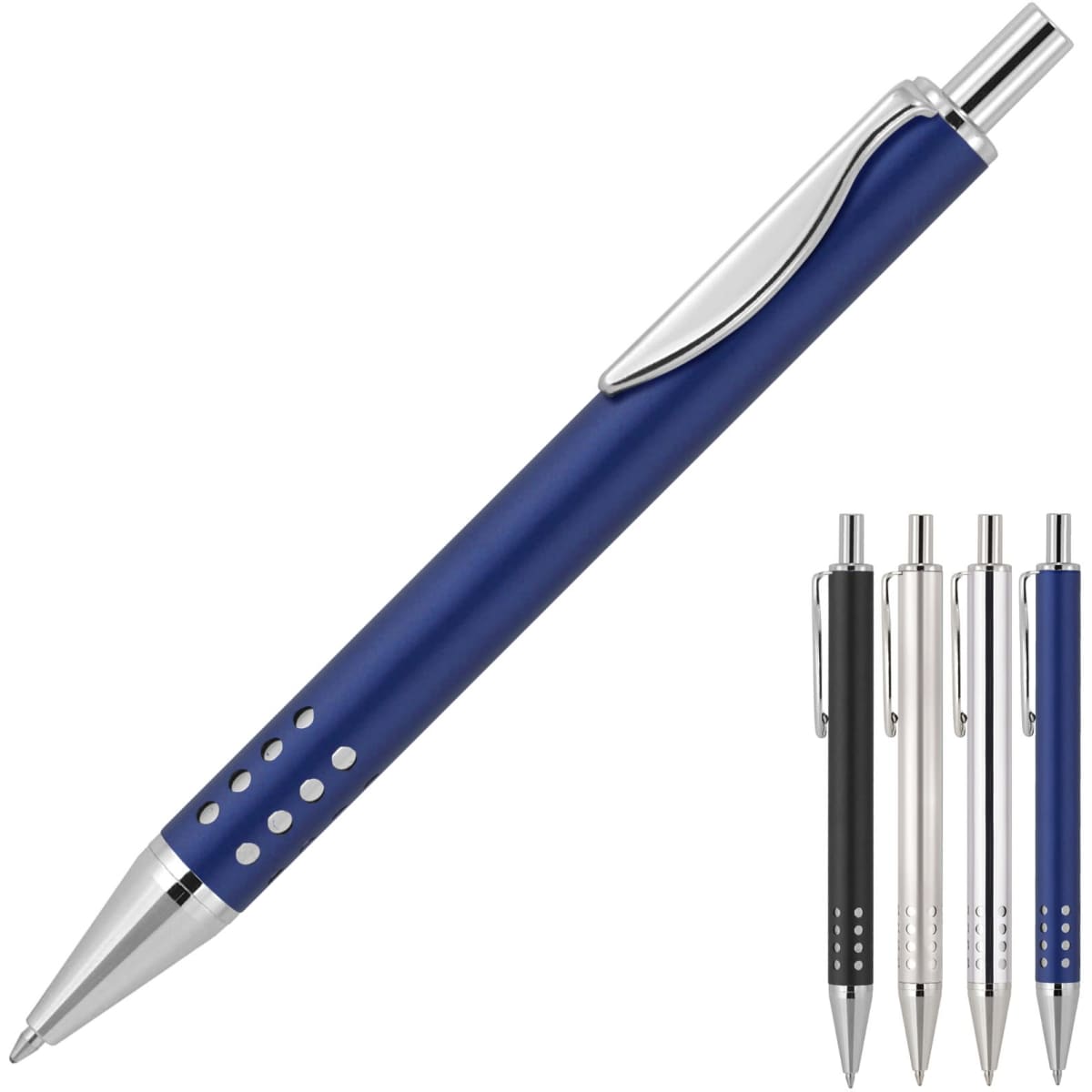 A metal ballpoint pen in blue with a silver clip and decorative holes, displayed alongside versions in black, silver, and white.
