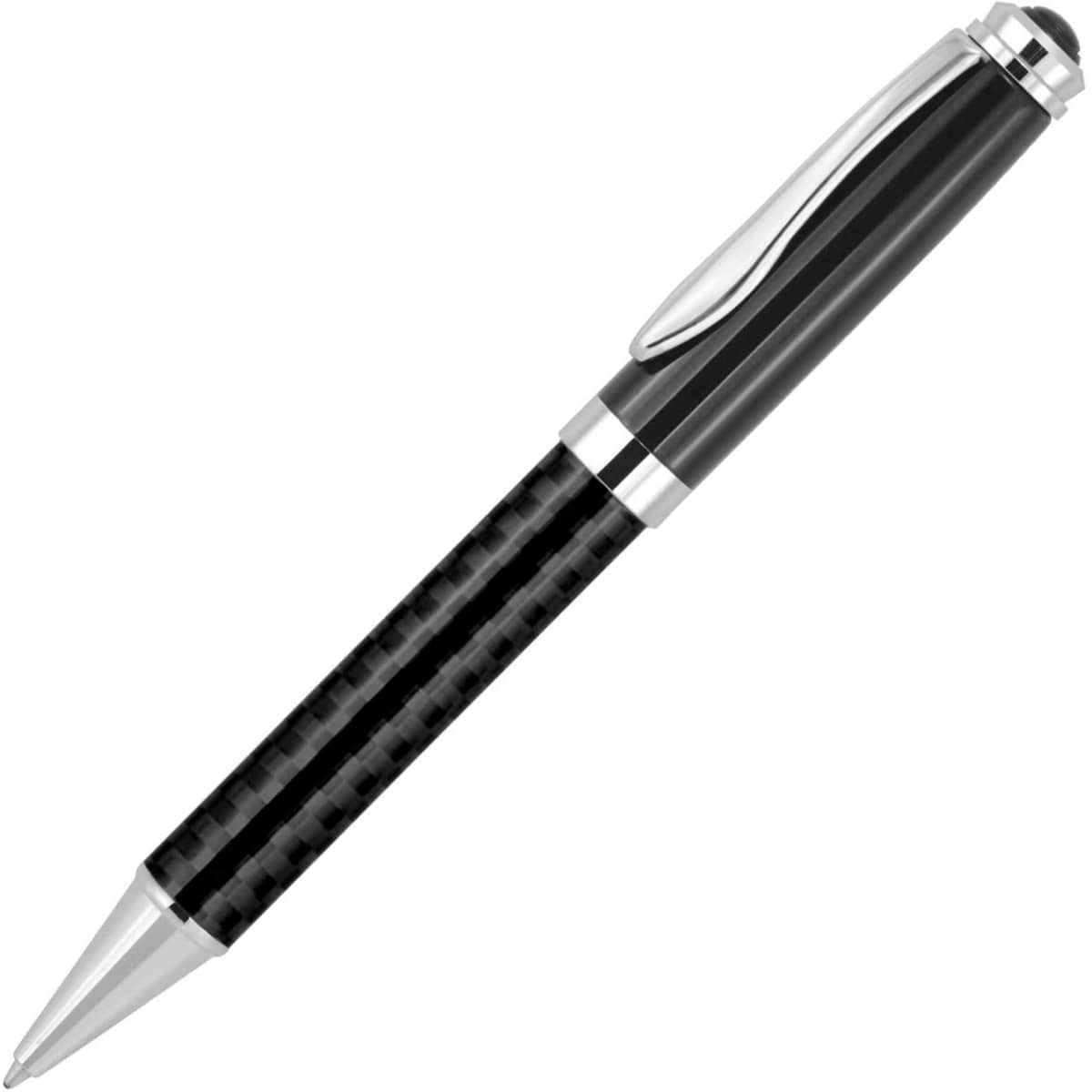 A sleek black ballpoint pen with a carbon fibre design and silver accents, featuring a clip and a logo.