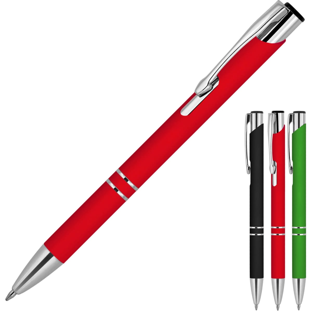 A red metal ballpoint pen with a rubber grip, complemented by black and green versions in the background.