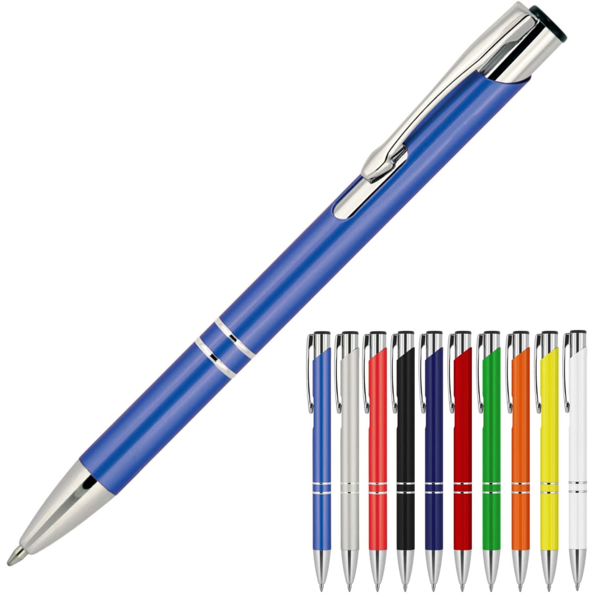 A blue metallic ballpoint pen with a silver clip and a selection of other coloured pens displayed below.