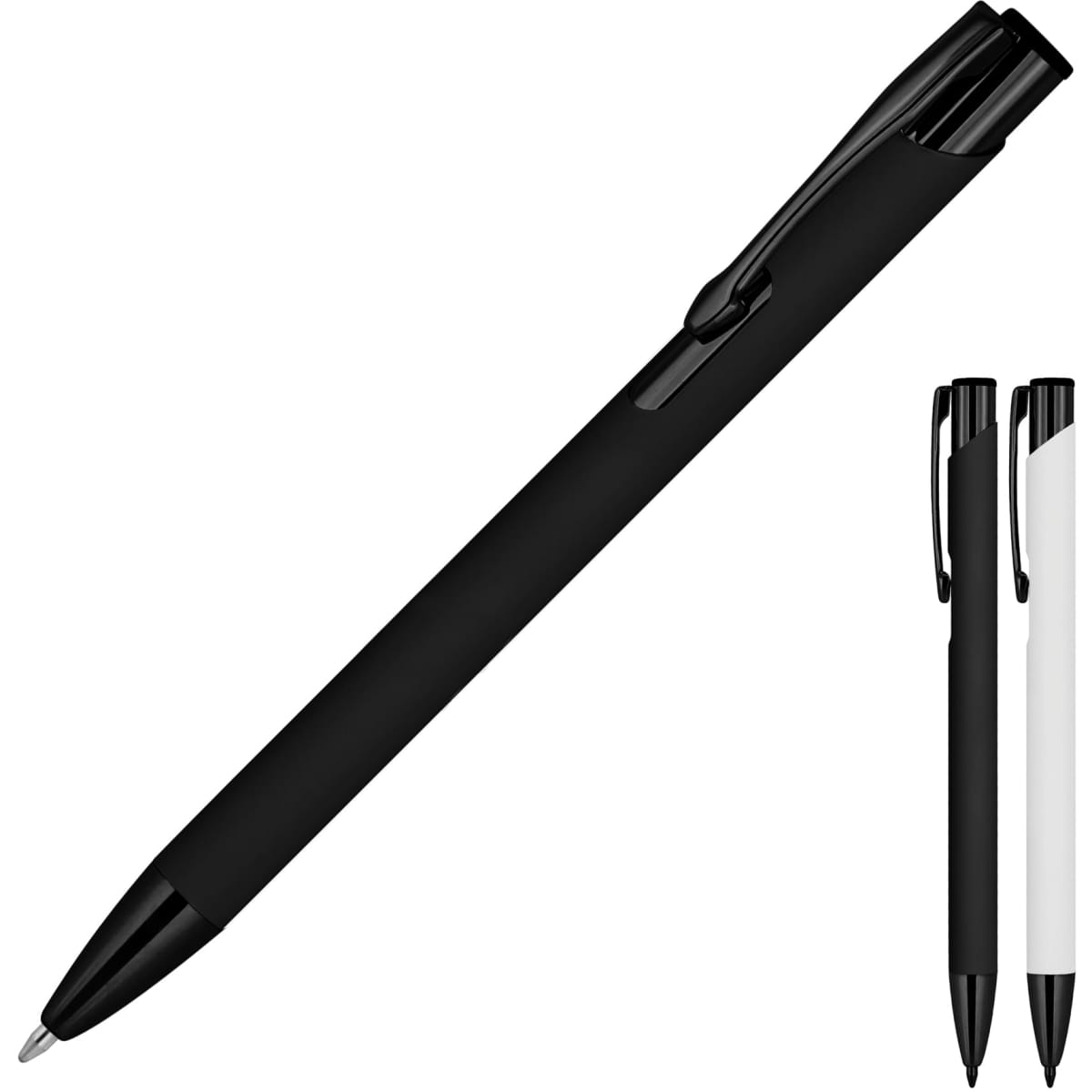 A black matte ballpoint pen with a sleek design and a clip, accompanied by a white variant. Features a branding logo.
