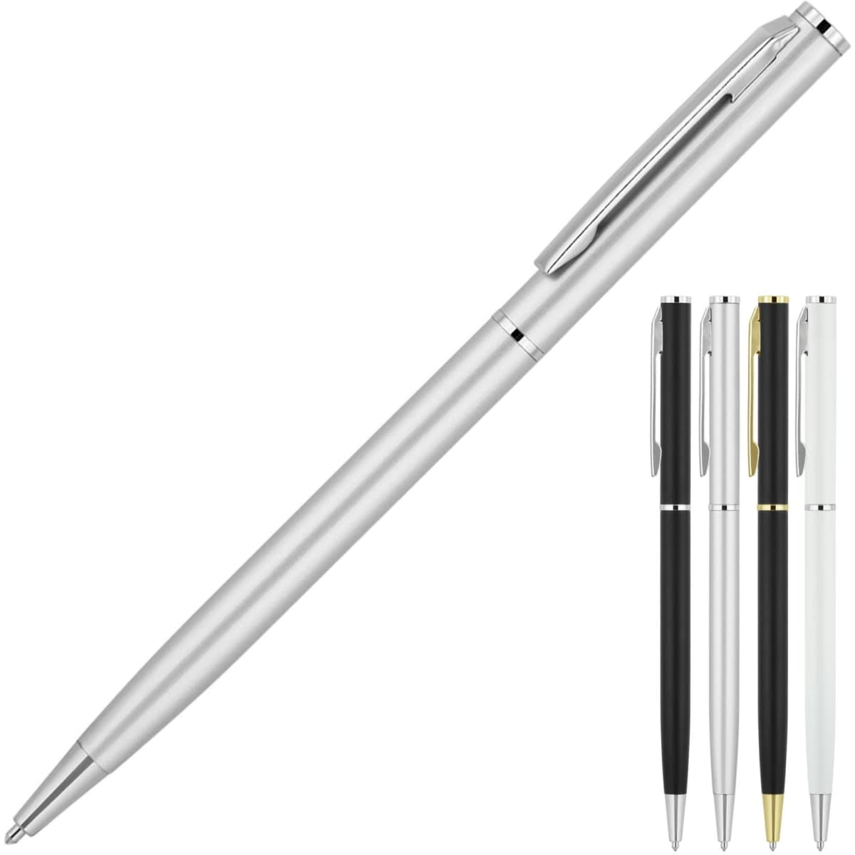A metal ballpoint pen in matte silver, accompanied by black, white, and gold variants. Featuring a branding logo.
