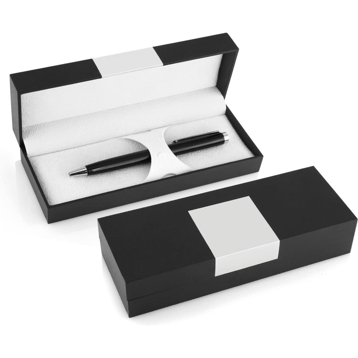 A premium black pen inside a sleek black gift box, featuring a silver accent and white interior. The box has a logo.