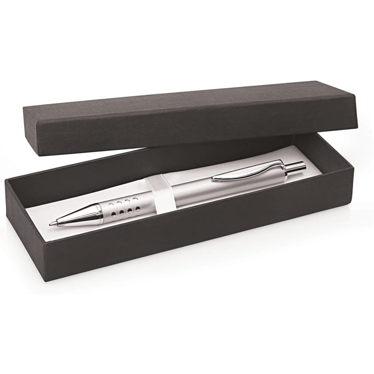 A sleek silver pen nestled in a black gift box. The box is slightly open, revealing the pen inside.