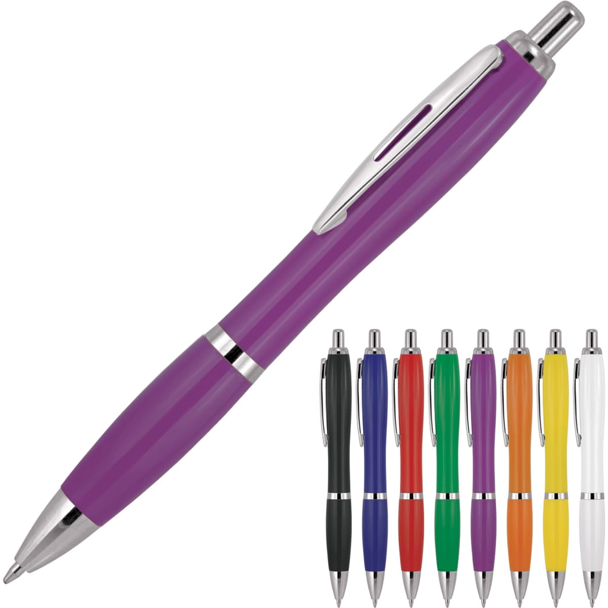 A ballpoint pen in solid purple with a silver clip, alongside pens in various other colours including black, green, and orange.