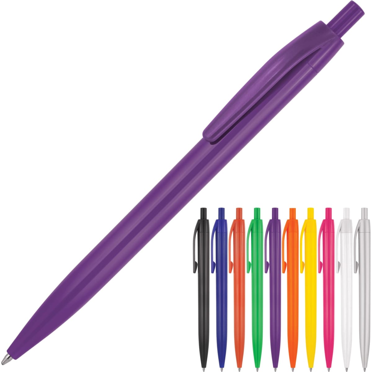 A purple ballpoint pen with a matching cap, alongside a variety of coloured pens including black, orange, pink, and yellow.