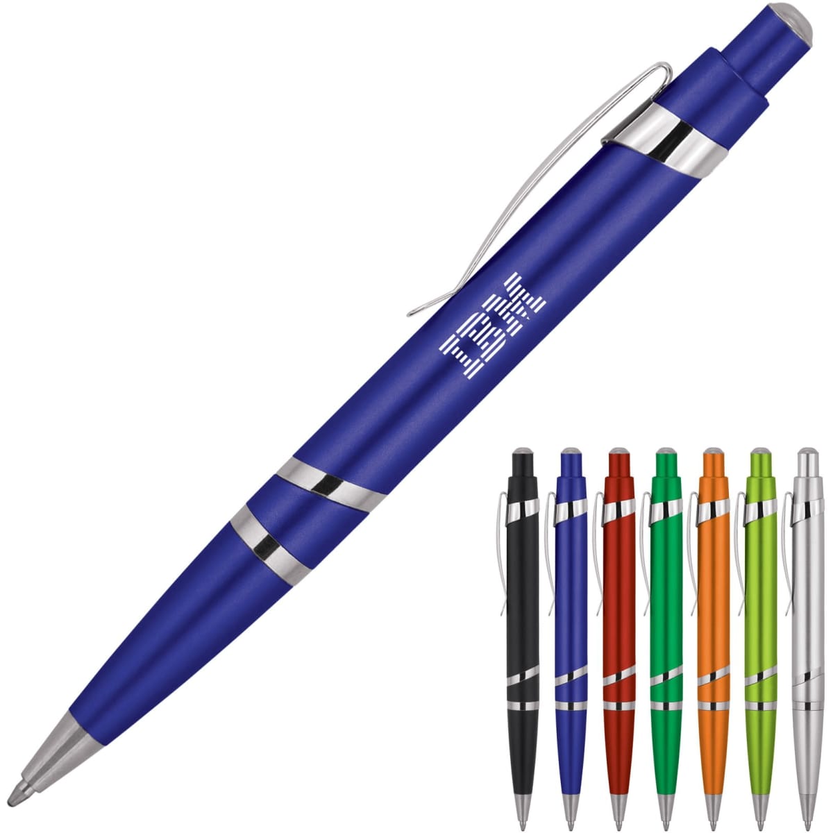 A blue ballpoint pen with silver accents and a clip, displayed alongside pens in various colours including black, red, green, orange, and silver.