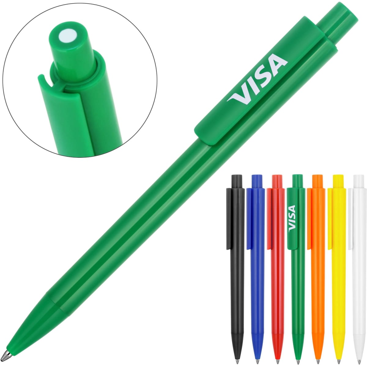 A green ballpoint pen with a clip, accompanied by a set of additional pens in various colours including black, blue, orange, yellow, and white.