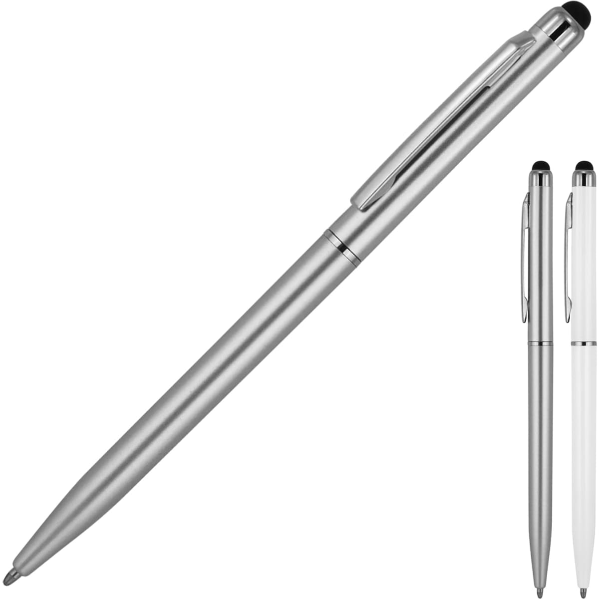 A silver ballpoint pen with a stylus tip, alongside a white version, both featuring a clip and a logo.
