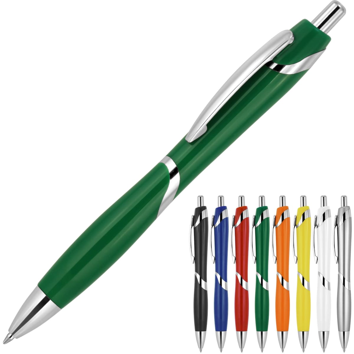 A ballpoint pen named "Sally" in green, featuring a chrome clip and various other colours displayed below.