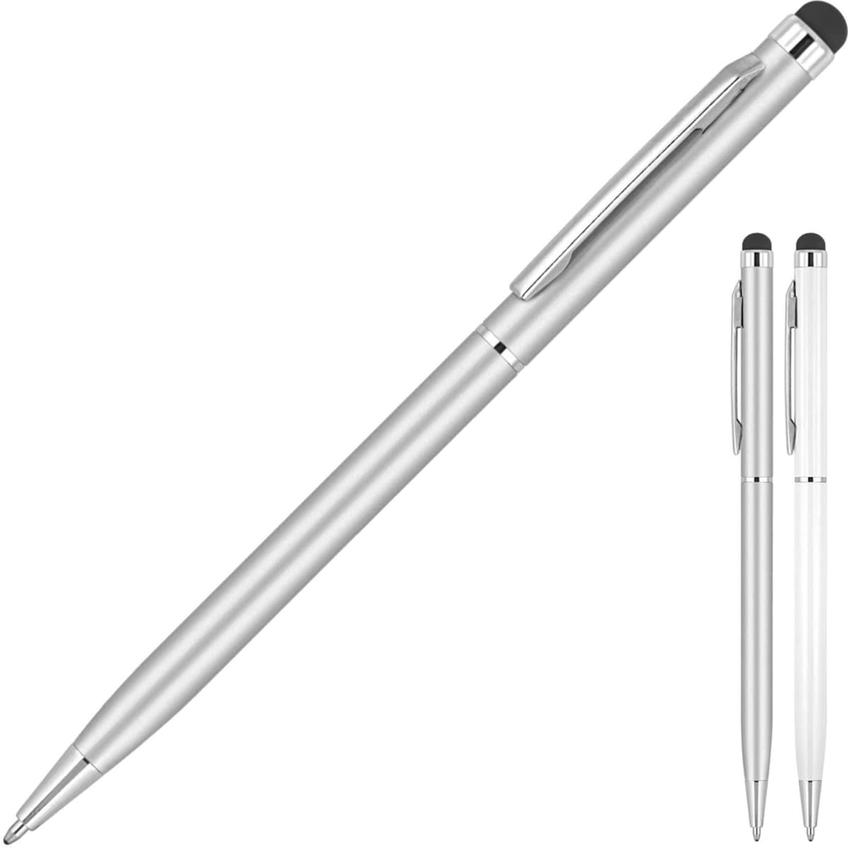A silver metal ballpoint pen with a stylus tip, featuring a sleek design and chrome accents. It has a branding logo.