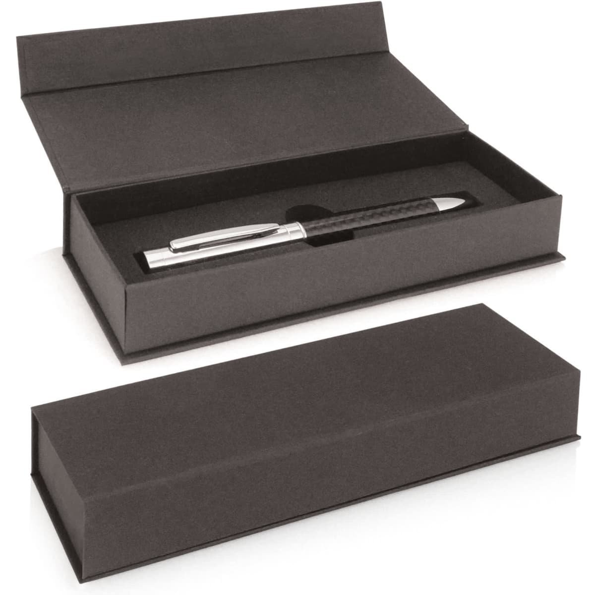 A black gift box with a magnetic closure containing a sleek pen. The box has a simple design and an internal insert.