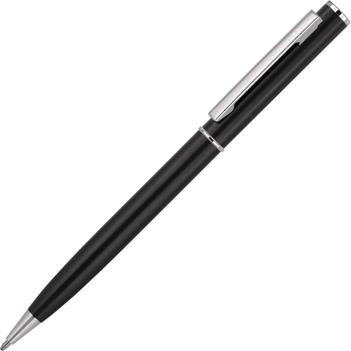 A black metal ballpoint pen with a silver clip and detailing, featuring a logo on its body.